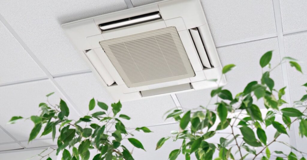 climatiseur cassette au plafond d'un open space insonorisé avec plante verte